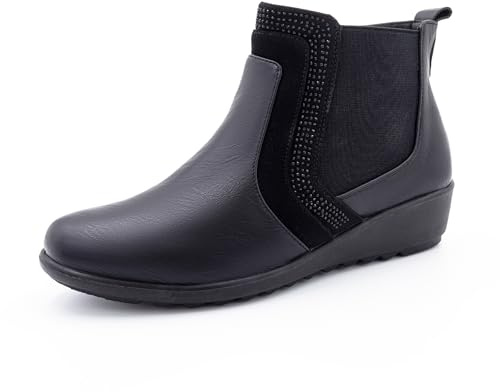 Cushion Walk Women's EEE Extra-Wide Fit Diamante Trim Low Wedge Zip-up Chelsea Ankle Boots (6 UK, Black)