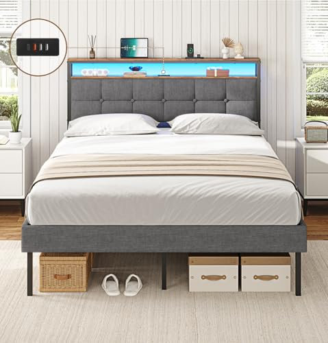 AOGLLATI Lit 2 Personnes avec Multiprise et LED Réglable,Cadre de Lit 140x190 avec Sommier Métal,Capitonnée en Lin Gris, sans Matelas