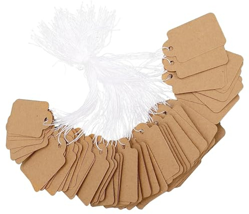 Hwtcjx 200 Piezas Etiquetas Precio con Cuerda, Etiquetas de Papel Kraft, Etiqueta Vacías Marcado Kraft Pequeñas para Joyeria Ropa, Regalo, 15 x 25 mm (Blanco) (marrón, 4.5 x 2.5 cm)