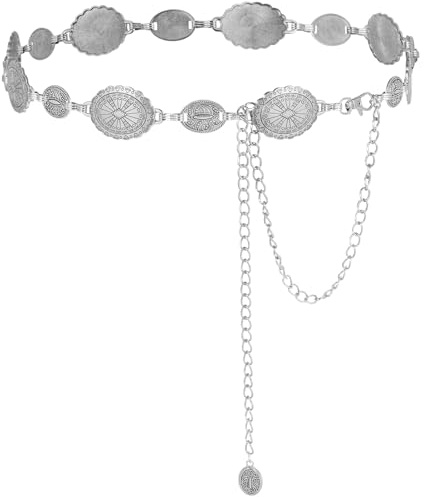 Alaoo Cinturón de Cadena de Metal para Mujer, Ajustable Cinturón de Cadena de Metal Occidental,Cadena de Cintura de Vaquera Occidental Retro para Vestidos,Vaqueros,Estilosos,Plata,A,130