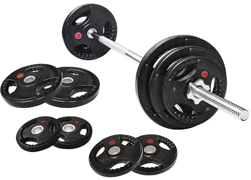 Fitvids Placas de peso estándar de hierro fundido de 1 pulgada, incluyendo barra de pesas estándar de 5 pies y cerraduras de estrella, juego de 45 libras (placas de 35 libras + barra de barra de 10
