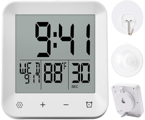XINKORA Waterproof Shower Clock with Timer, Bathroom Wall Clock Displaying Temperature, Date & Day, Battery Operated LCD Digital Clock for Bath, Kitchen (White)