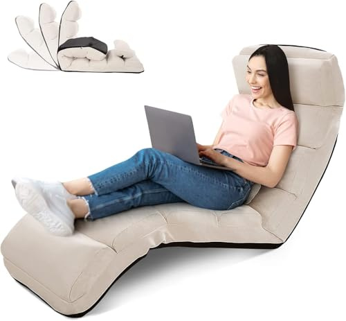 RELAX4LIFE Relaxliege, Bodenliege 5-Fach Einstellbar, Bodenstuhl Faltbar, Relaxsessel mit Kissen, Liegesessel mit Schlaffunktion, bis 120kg belastbar, Klappsessel für Lesen & Schlafen (Beige)