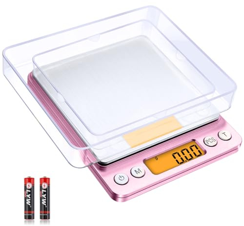 Diyife 500g/0,01g Feinwaage, Hohe Präzision Briefwaage, Taschenwaage, Gewürzwaage LCD-Display mit Hintergrundbeleuchtung, mit Tablett, Küchenwaage mit Tara-Funktion & PCS - Rosa