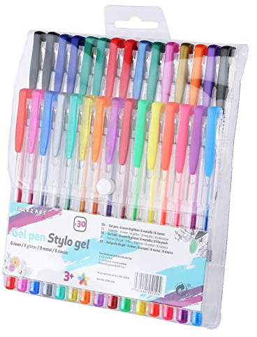EXERZ colour gel pen set 30pcs - fine ink ballpoint pens, vibrant colour, free flowing, includes glitter pens, neon, metallic and classic shades (30)