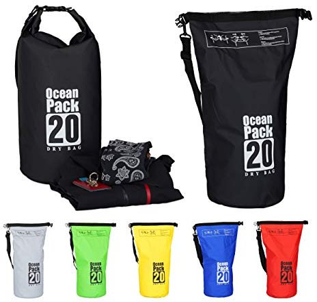 Relaxdays Ocean Pack, 20L, wasserdicht, Packsack, leichter Dry Bag, Trockentasche, Segeln, Ski, Snowboarden, schwarz