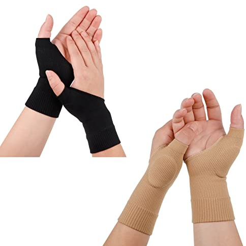 Dacitiery 2 Pairs Gel Hand Wrist Support Brace Thumb Injury Pads,Wrist and Thumb Support for Arthritis, Joint Pain, Compression Gloves for Sports Daily Wear Pain Relief Tendonitis(Black+Beige)