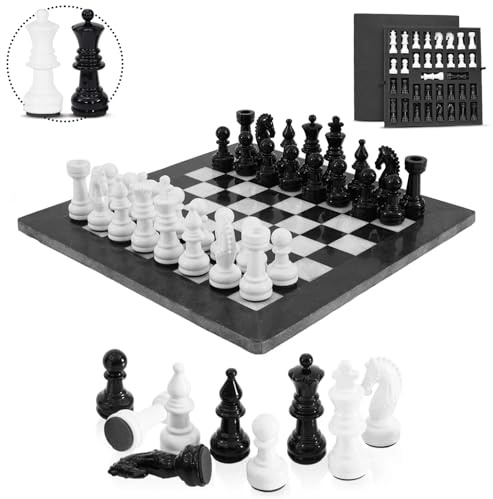 Marblous Krafts 38 cm svarta och vita metalliska figurer marmor schackset | stor handgjord schackspel Staunton. Klassisk och elegant heminredning och schackset present till familjen. Svart och vit)