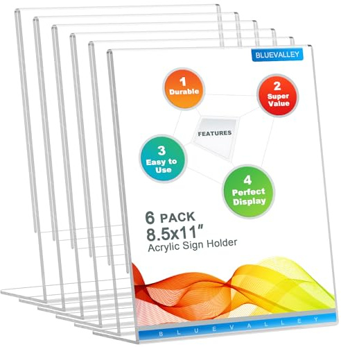 BlueValley Acrylic Sign Holder 8.5 x 11 Table Display Stand – Vertical Clear Plastic Paper Sign Frame for Flyer, Menu, Document – Free Standing Desk Photo Holder for Office, Home, Store, School, 6Pack