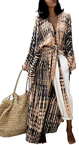 L-Peach Femme Imprimé Floral Paréo Cardigan Longue Chemisiers Blouses Robe de Plage Bikini Cover Up Beachwear