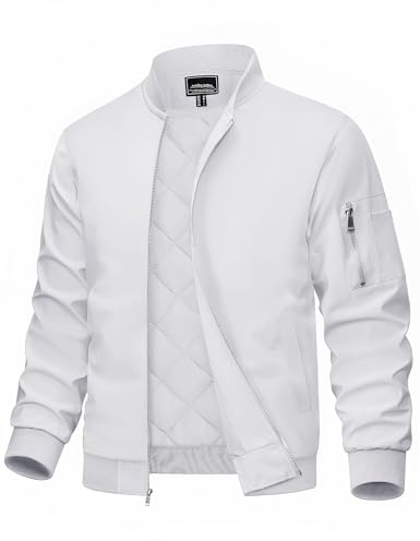 MAGCOMSEN Bomber Jackets for Men White Jacket Zip Up Pilot Jackets with Pockets Fall Winter Thermal Padded Coat Outdoor Hunting Jacket White, M