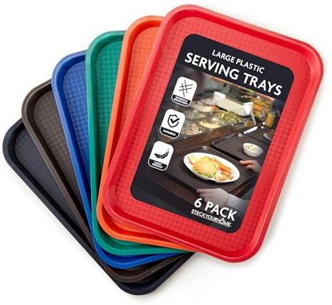 Stock Your Home Large Plastic Serving Trays for Fast Food (Set of 6) 16” x 12” Multicolor Cafeteria Tray for Lunch, Restaurant, Café, Craft Service Carts