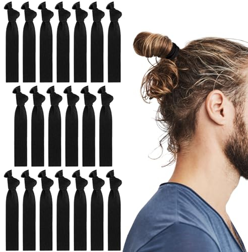 Teaaha Mens Hair Ties 20 PCS Black Knotted for Guys, No Damage With Long Hair, Curly Thick Elastic Bands, No Crease Man Bun, Perfect for Men