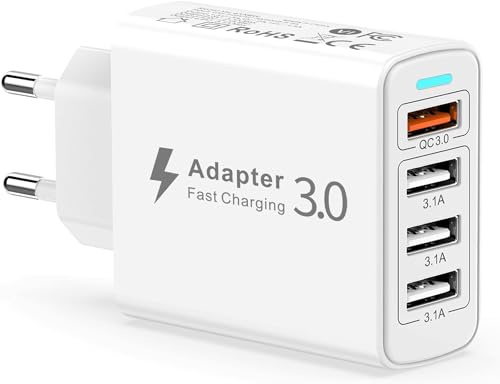 USB Ladegerät Mehrfach, USB Schnellladegerät4 Ports 33W Netzteil Schnellladegerät mit Quick Charge 3.0 Ladegerät Adapter Steckdose Ladestecker für iPhone 14 13 12 11 X 8,Samsung S23/S22/S21/20
