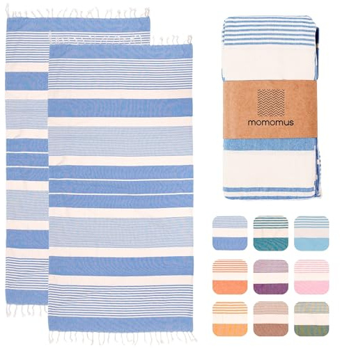 MOMOMUS Lot de 2 Foutas de Plage XL ou Grandes Serviettes de Plage en Coton - Absorbantes, Compactes, Légères - Grands Draps de Bain pour Sauna, Spa et Hammam - Céleste, 90x180cm
