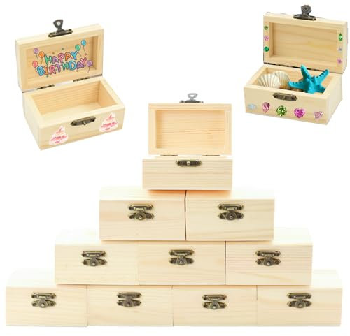 AolKee mini coffres au trésor, en bois, avec couvercle et fermeture en métal, coffre a jouet, boite en bois a decorer pour travaux manuels, anniversaires d'enfants, 9 x 5,5 x 5 cm