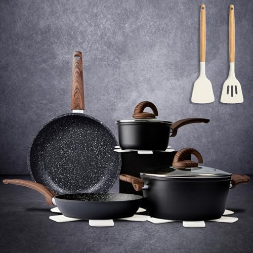 Vkoocy Non Stick Pots and Pans Set, Healthy Ceramic Cookware Set, 12pcs Kitchen Cooking Pots and Frying Sauce Saute Pans Set, PFAS-Free with Kitchen Utensils and Lid, Black