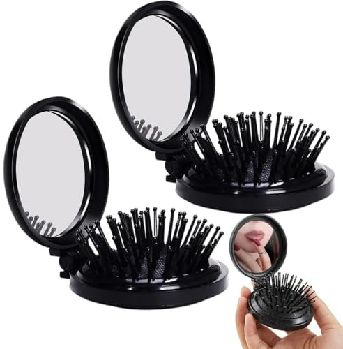 WeddHuis Set di 2 Spazzole Pieghevoli da Viaggio con Specchio Portatile Pettine Tascabile Massaggiatore per Capelli per Uomini Donne Ragazze (Dimensioni da Viaggio, Mini, Compatto)