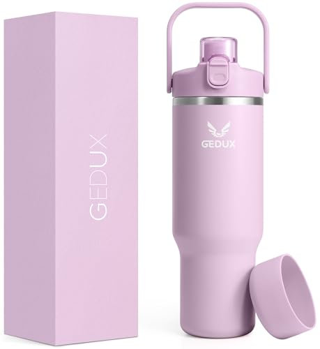 GEDUX 1000ml Edelstahl Tumbler mit Griff und Strohhalm, Vakuumisolierte Wasserflasche mit 2-in-1 Deckel (Schluckdeckel/Straw Deckel) und Silikonboden