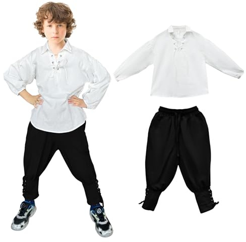 Prebene Costume da pirata medievale per ragazzi, camicia e pantaloni alla caviglia, costume rinascimentale vichingo per Halloween, Bianco e nero., 10-12 Anni