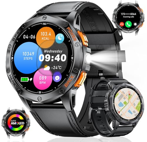 GPS Men Smart Watch with Compass LED Flashlight 1.43″AMOLED Smartwatch for Men Bluetooth Call for Android iOS 530 mAh Big Battery Male Smart Watch,Heart Rate Health Monitor,2 Watch Strap,Black