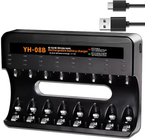 BOANV 8 Slots Chargeur Piles Rechargeable Charge Rapide pour AA AAA Rechargeable avec Port USB-C (8 Slots Chargeur)
