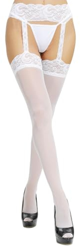 SNDE Medias con tirantes para mujer, de cintura alta, con patrón floral, medias de encaje en el muslo, blanco, Altoa única