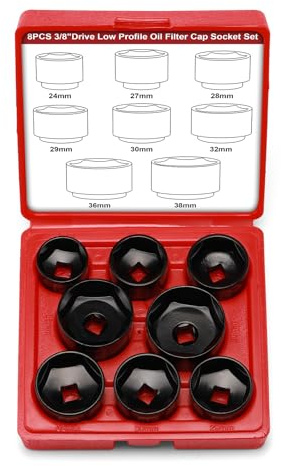 Mayouko 8 Pieces 3/8 Drive Low Profile Oil Filter Cap Wrench Socket Set, 24mm, 27mm,28mm,29mm,30mm,32mm,36mm,38mm,CR-V, Oil Filter Cap Remove and Install Tool Kit