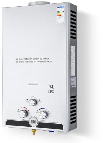 VONLUCE 18L Calentador Gas Butano Instantáneo Certificado CE EN416 Calentador de Agua para Acampar Temperatura Ajustable Protección Viento Fuerte