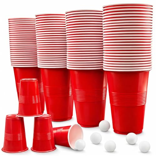 Bellanova 100 Pack 500 ml Reusable Party Cups with 10 Ping Pong Balls | Red Cups (16.9 oz) for Group Activities, Celebrations, Camping and Drinks