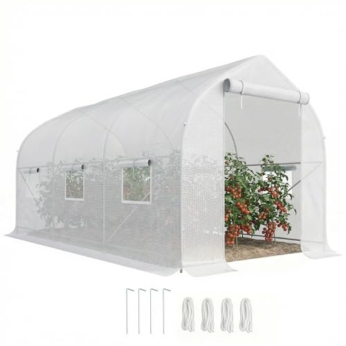 Outsunny Serra da Giardino a Tunnel 4x2x2 m con Porte Avvolgibili e 6 Finestre, Serra per Orto con Tetto a Spiovente, Struttura in Metallo e Copertura PE, per Orto Verdure Fiori Frutta, Bianco