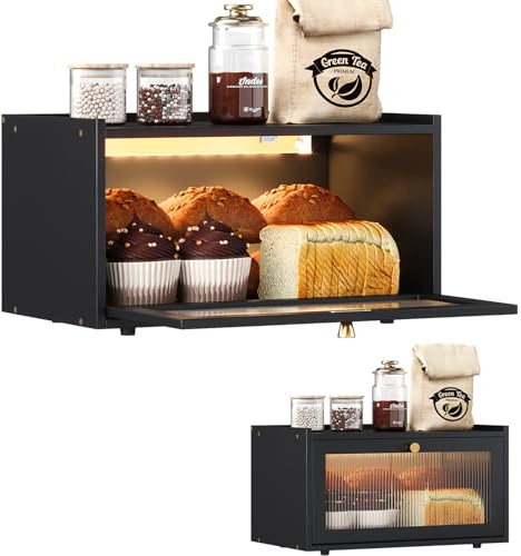 VEDECASA Portapanes de Bambú con Iluminación LED, Portapanes Grande para Encimera de Cocina con Ventana, Negro (Negro, 1 Nivel)