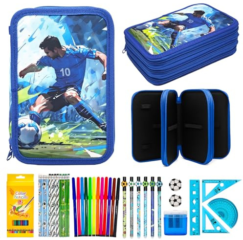 Ronronner Estuche Escolar Grande para Niños con Diseño de Fútbol, 46 Piezas Completo: Incluye 24 Lápices de Colores, Rotuladores de Acuarela, Bolígrafos de Fútbol y Accesorios, 3 Compartimentos