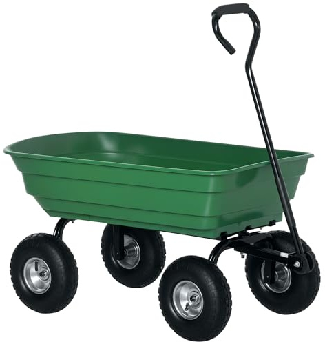 Outsunny Chariot de Jardin 100L 4 Roues Pneumatiques Poignée Réglable Vert
