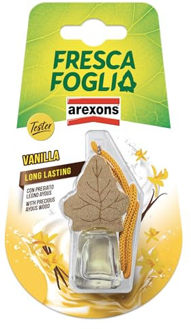 AREXONS Fresca Foglia Profumatore Boccettino Vaniglia, profumatore ambiente auto 4,5 ml, tappo in legno, intensità regolabile, profumazione fresca e gradevole