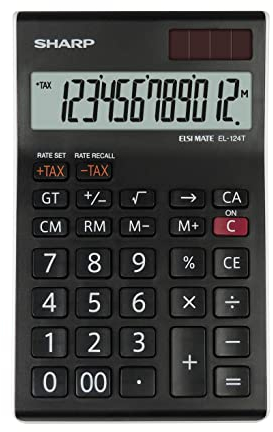 Sharp EL-124T WH Tischrechner (12 Stellen, Steuerberechnung, Solar- und Batteriebetrieb) Schwarz