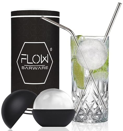 FLOW Barware Highball Glass Gift Set | 360ml Gin Glasses for Women, Men | Tall Glasses Set with Ice Ball Mould & Metal Straws | Gin & Tonic, Vodka & Coke, Mixer & Long Cocktails