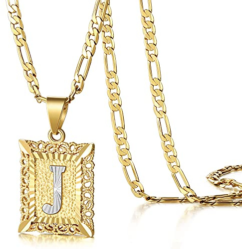 KissYan Initial Letter Pendant Necklace for Mens Womens, 14K Gold Plated Square Capital Monogram Necklaces Alhpabets from A-Z Figaro Chain Jewelry Gift(Hollow White Letter J)