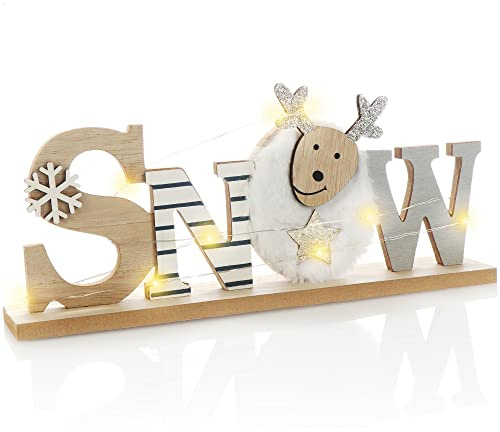 com-four® LED Deko Aufsteller aus Holz - beleuchteter Schriftzug auf Holzsockel - Deko-Schriftzug zum Hinstellen für Weihnachten - Stimmungslicht mit Timer (weiß - Schaf)