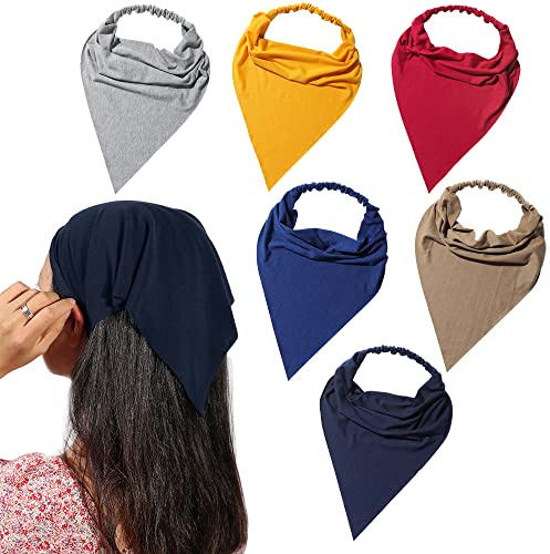 Vercret 6 Pack Hair Scarf Headband for Women - Elastic Hair Kerchief Large Boho Triangle Bandana Head Scarf with Clips Non Slip Solid Color Headbands Hair Scarves for Teen Girls