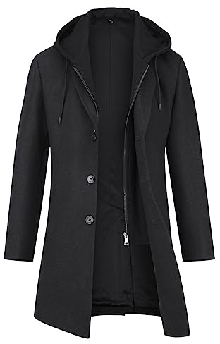 YOUTHUP Manteau Homme en Laine à Capuche Chaud Long Manteau d'Hiver Epais Trench Coat Parka Caban, Noir, XL