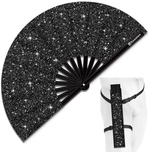 Raveahem Grand éventail pliable à paillettes avec étui, bottes sur le sol, ventilateur à main pliable pour homme et femme pour EDM, festival, club, fête, danse (noir, taille L, 33 cm)