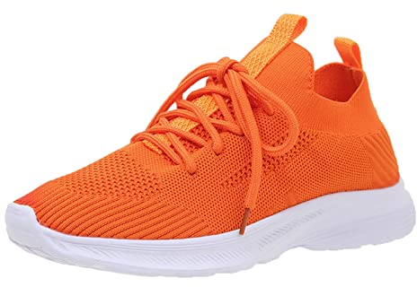 VBEDKDEB Damen-Laufschuhe Schuhe Damen Sportschuhe Flacher Boden leicht fliegend gewebtes Mesh atmungsaktiv bequem einfarbig schnüren Schuhe Damen Sneaker Turnschuhe Damen Weiss (Orange, 41)