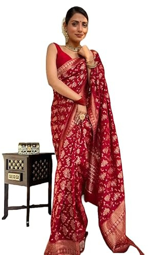 Yashika Banarasi Kanjivaram Sari en soie jacquard pour femme – Tenue ethnique exquise pour les fêtes indiennes – Chemisier non cousu inclus – Parfait pour les mariages et toutes les célébrations,