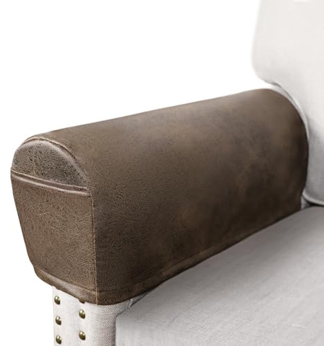 ANARACHON Leather Look Couch Arm Covers Set of 2 Armrest Covers for Sofa Chair Arm Protectors Stretch Armchair Slipcovers with Pockets Washable Spandex Fabric (Large, Brown)