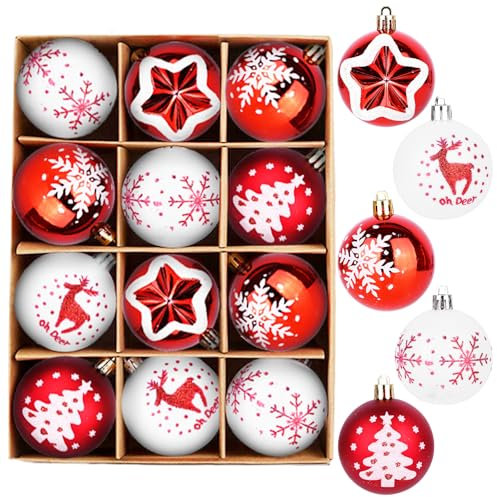 Weihnachtskugeln, 12 Weihnachtskugeln Kunststoff-Set, Christbaumschmuck, Weihnachtsbaumschmuck mit Haken Zum Aufhängen, Glänzende Christbaumkugeln Kugeln für Hochzeit, Geburtstagsfeier– 6CM