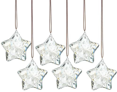 H&D HYALINE & DORA Set of 6 Crystal Glass Christmas Ornaments Clear Faceted Glass Christmas Star Crystal Hanging Ornaments for Christmas Tree Winter New Year Party Supplies