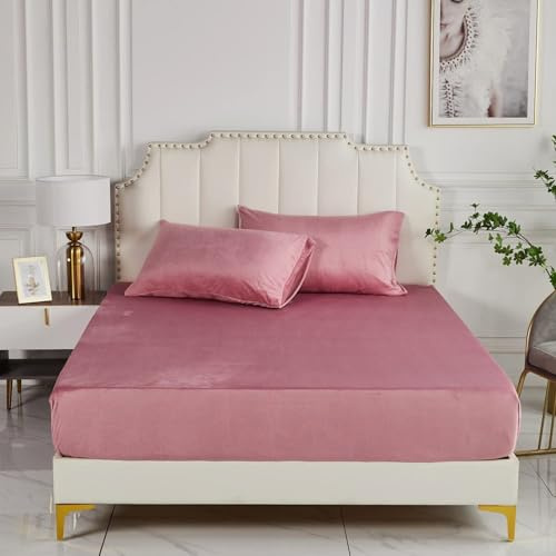 Luowei Lenzuolo con angoli elasticizzati, invernale, 180 x 200 cm, in cashmere touch, morbido peluche rosa, in flanella, lenzuolo con angoli elasticizzati per letto a molle, materasso fino a 30 cm di