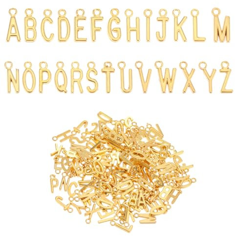Telooco Buchstaben Anhänger Gold 156 Stück Buchstaben Charms mit 200 Biegeringen, Gold A-Z Buchstaben Charm Anhänger Schmuckherstellung Charm für DIY Armband Halskette Schlüsselbund