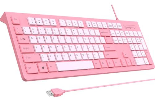 Computer Keyboard Wired, Plug Play USB Keyboard, Low Profile Chiclet Keys, Large Number Pad, Caps Indicators, Foldable Stands, Spill-Resistant, Anti-Wear Letters for PC Laptop (Rose Pink, 1-Pack)